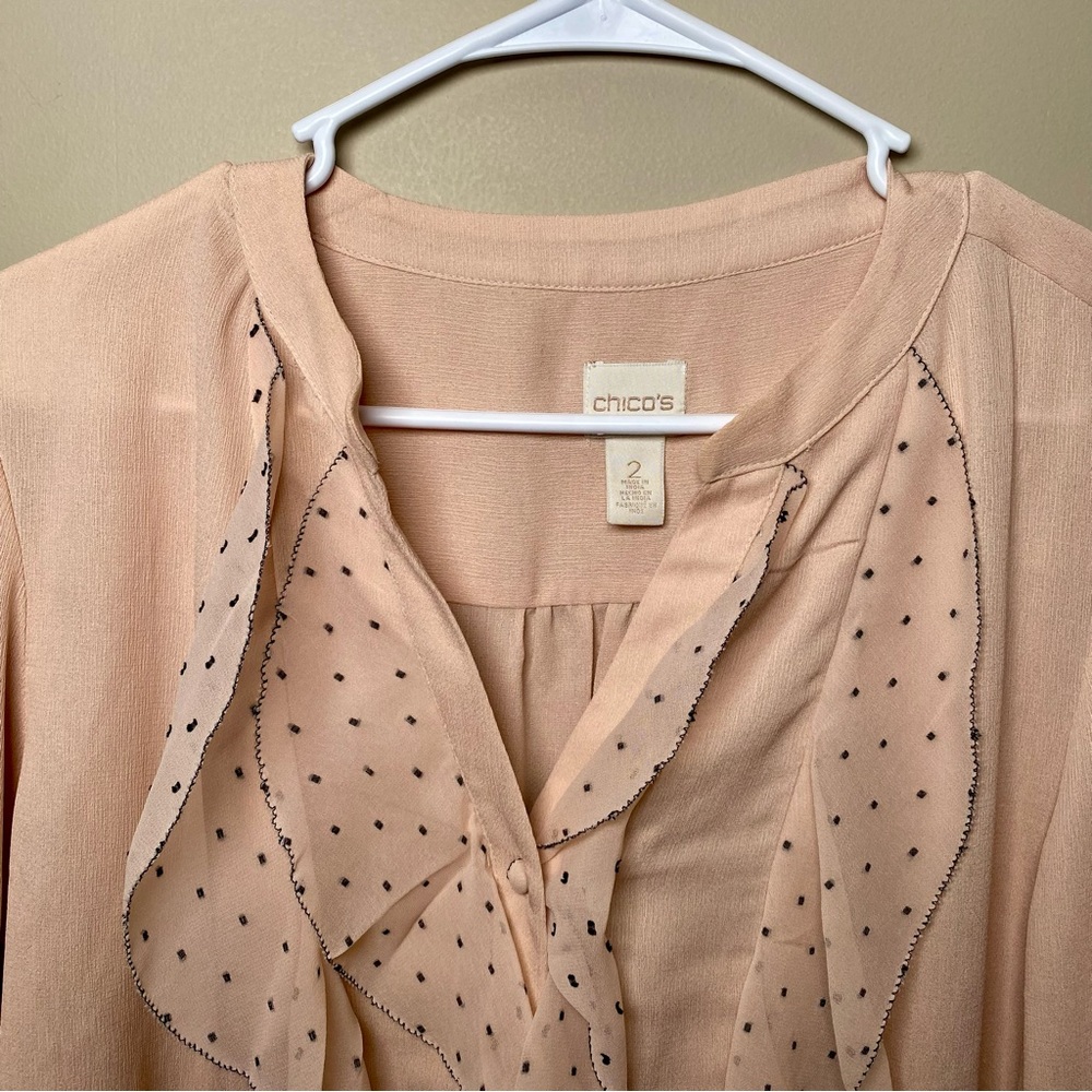 Chico’s Blush Light Pink Black Dotted Ruffle Long Sleeve Button Down Blouse - Picture 4 of 10